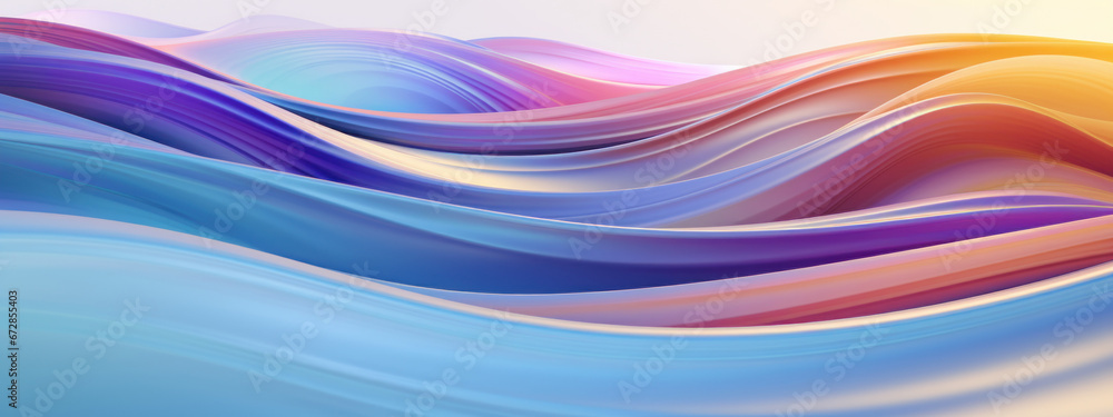 Abstract 3D depiction of colorful, reflective waves creating a rhythmic and captivating pattern. Abstract 3D depiction of colorful, reflective waves creating a rhythmic and captivating pattern.