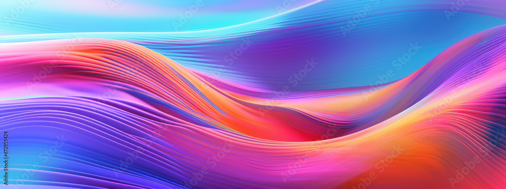 Abstract 3D depiction of colorful, reflective waves creating a rhythmic and captivating pattern. Abstract 3D depiction of colorful, reflective waves creating a rhythmic and captivating pattern.