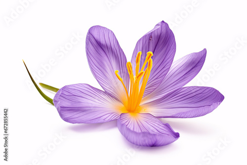 A Crocus sativus blossom in saffron  standing aloof on a white backdrop.