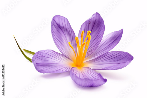 A Crocus sativus blossom in saffron, standing aloof on a white backdrop.