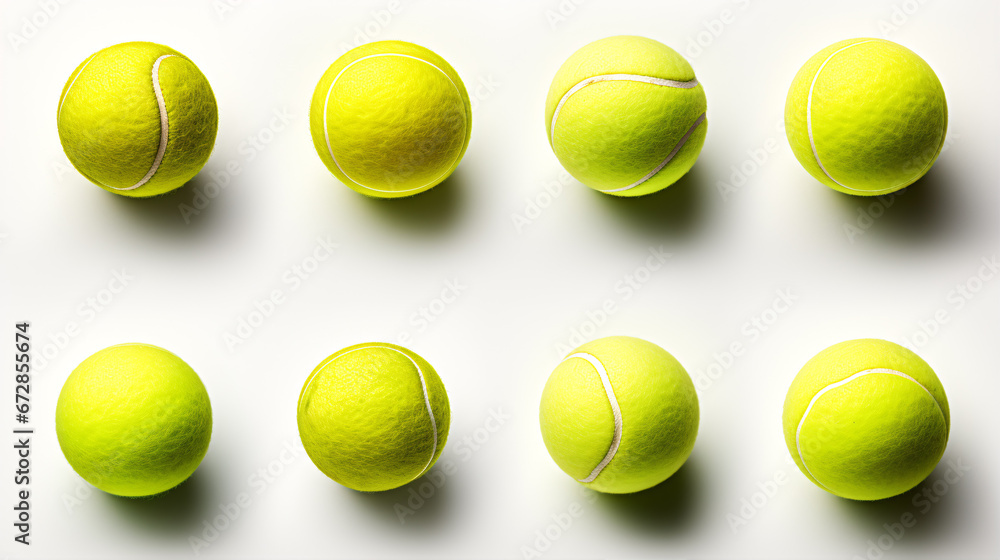 A selection of tennis balls in various perspectives isolated on a white backdrop.