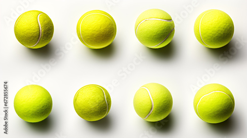 A selection of tennis balls in various perspectives isolated on a white backdrop. © ckybe