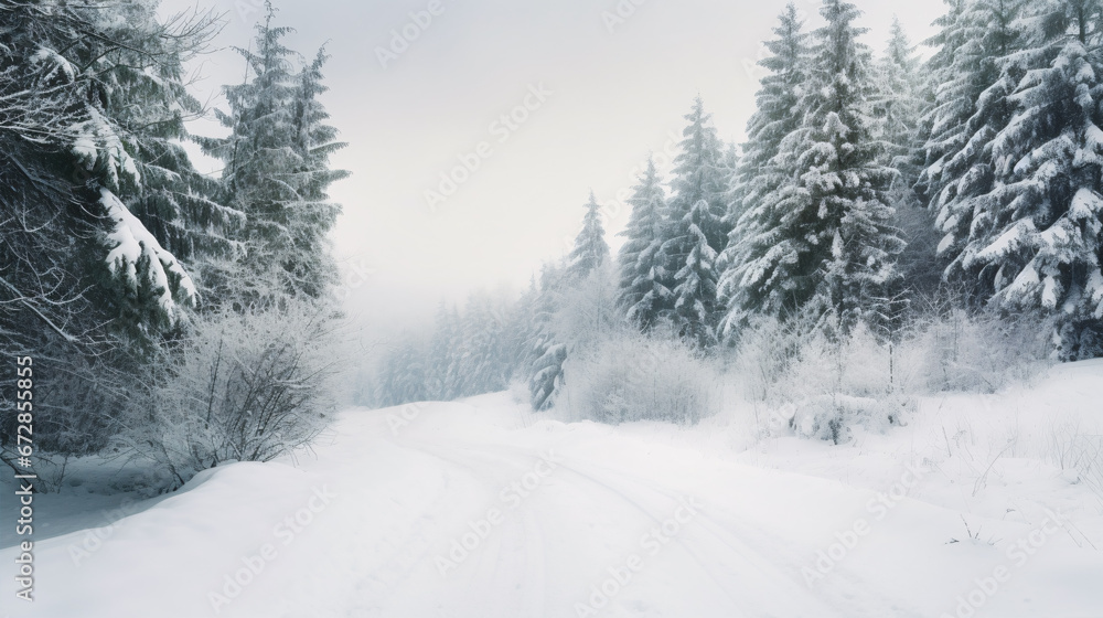Naklejka premium A picturesque, snow-covered wooded path in the mountains.