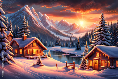 day in a impressive frozen woodland, winter cabin in a snowy forest landscape, wintry forest wallpaper, forezen beautiful forest landscape