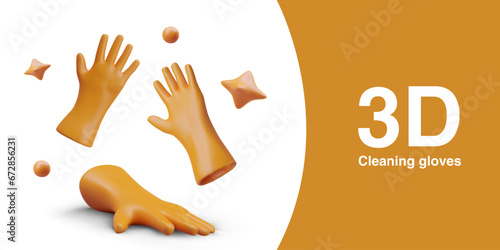 Set of orange gloves for sanitary work, bubbles. 3D image in cartoon style. Advertising poster with space for text. Cleaning, after renovation works. Household goods