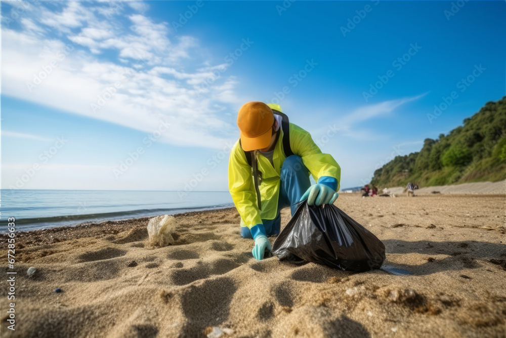 A volunteer cleaning up a littered beach, environmental pollution problem A volunteer cleaning up a littered beach, environmental pollution problem