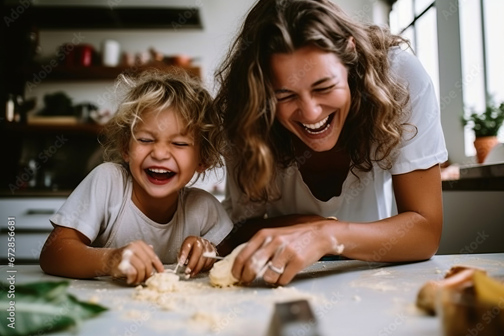A view of a parent and child engaged in a fun cooking or baking activity, illustrating the joy of culinary bonding, selective focus, shallow depth of field, blurred - obrazy, fototapety, plakaty 