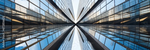 Bottom view on a modern sleek glass skyscrapers reaching towards the sky  background  business concept