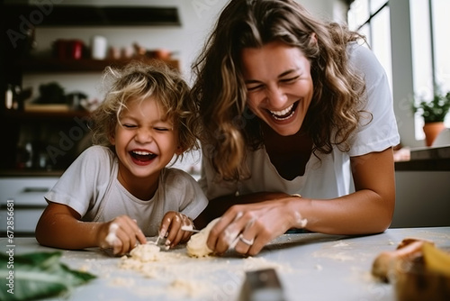A view of a parent and child engaged in a fun cooking or baking activity, illustrating the joy of culinary bonding, selective focus, shallow depth of field, blurred photo