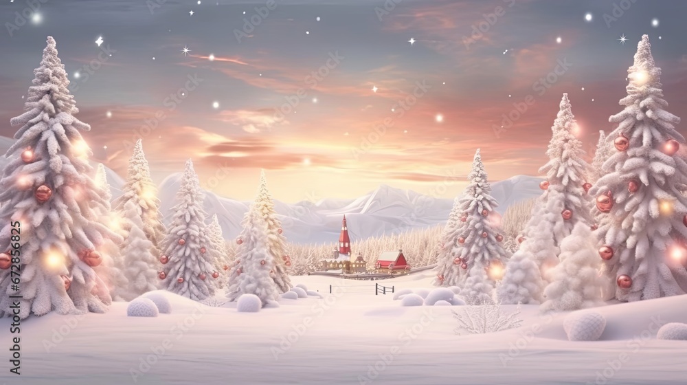 An enchanting illustration of a snowy winter wonderland adorned with sparkling Christmas trees and a warm glow of lights, a magical holiday atmosphere