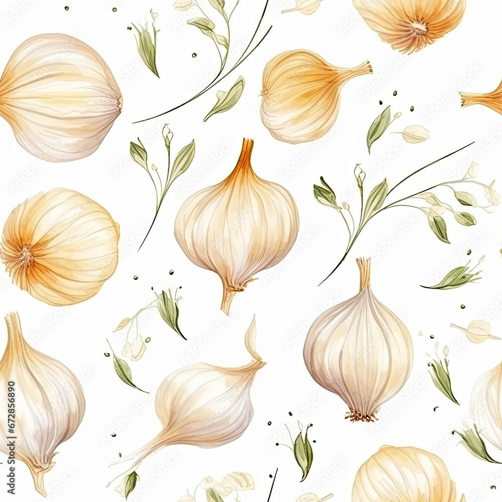 A seamless pattern illustration with garlic and leaves, on a white background, pastel colors A seamless pattern illustration with garlic and leaves, on a white background, pastel colors