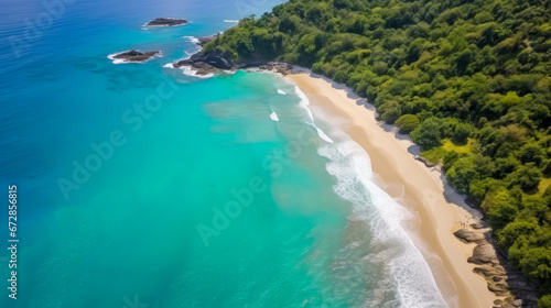 An awe-inspiring aerial view showcasing the pristine coastline of a tropical paradise, with azure waters and sandy shores, background, wallpaper