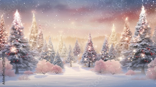 An illustration of a snowy winter forest adorned with sparkling Christmas trees and a warm glow of lights, a magical holiday atmosphere