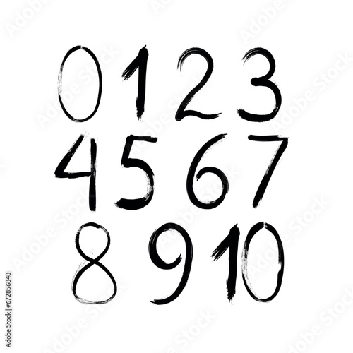 set of numbers from zero to ten with an ink brush isolated on a white background
