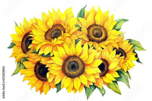An illustration of a bouquet of beauty sunflowers in watercolor style, with delicate petals, isolated on a transparent background