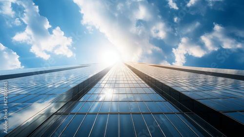 Bottom view on a modern sleek glass skyscraper reaching towards the sky, background, copy space, business concept