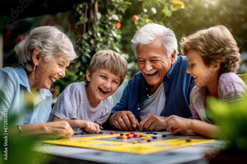 A grandparents playing board games with their grandchildren in outdoors, the joy of intergenerational communication, selective focus, shallow depth of field