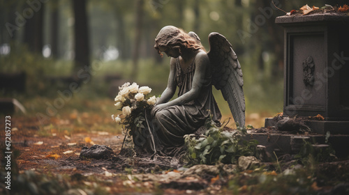 sad looking angel out of stone sitting in front of a grave photo
