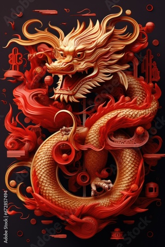 Wallpaper Mural A striking image featuring a red and gold dragon against a dramatic black background. Perfect for adding a touch of fantasy and power to any design project. Torontodigital.ca