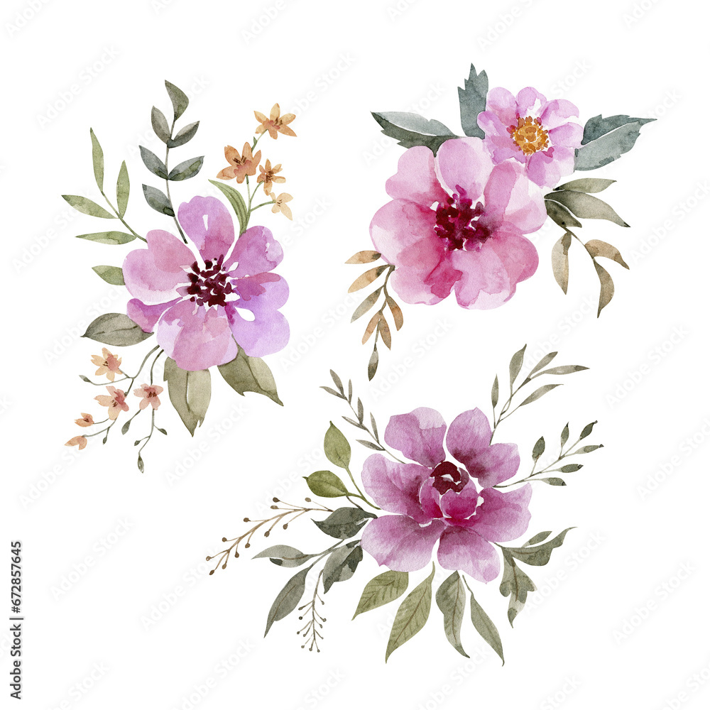 Botanical set of watercolor illustrations of bouquets of pink flowers.	
