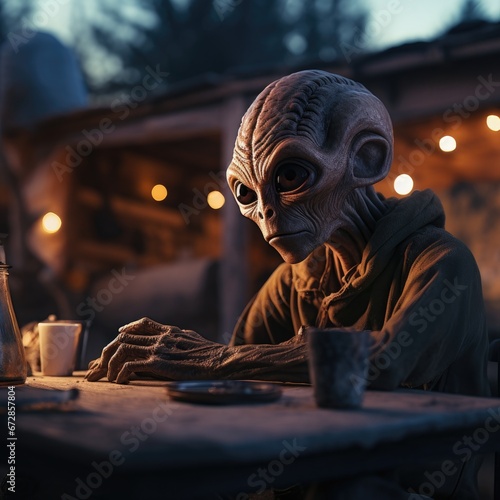 Extraterrestrial Enjoying an Earthly Brew: Intergalactic Tea Time © MrWizard