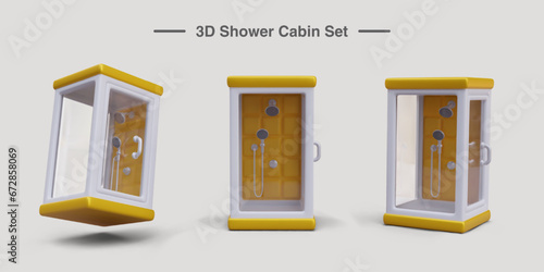 Set of shower cabins in cartoon style. Vector object in different positions. Isolated image on white background. Templates for mobile application, plumbing site