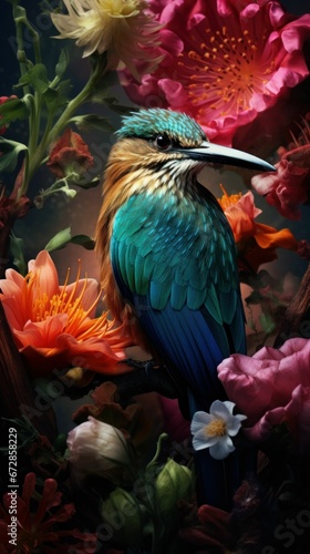 Beautiful Rare Bird and Spring Flowers © Sohaib q