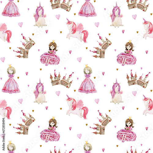 Watercolor unicorns seamless pattern. Magical fantasy character.