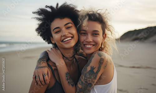 Two diverse young women, exuding happiness and friendship.
