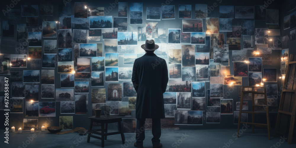 Focused detective studying photographs. Focused detective studying photographs.