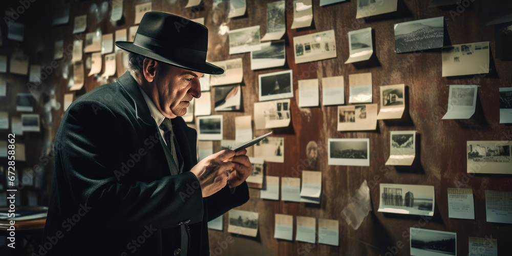 Focused detective studying photographs. Focused detective studying photographs.