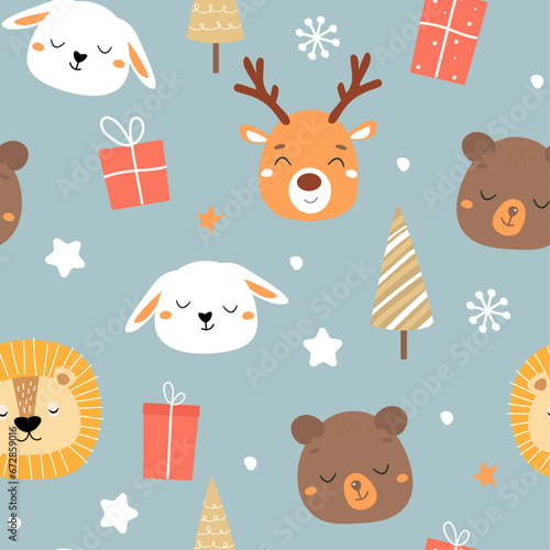 Fototapeta Naklejka Na Ścianę i Meble -  Seamless pattern with cute animals, gifts, snowflakes. Festive winter print. Vector graphics.