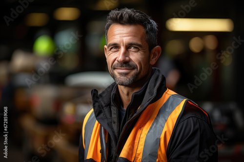 A smiling man in a reflective vest stands confidently on the bustling street, his yellow jacket and bushy beard adding to his charismatic and approachable appearance