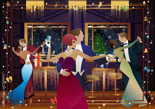 New Year s, Christmas party. A couple dances near a table with champagne, against the backdrop of a window with snowfall. Concept for holiday, winter holidays, New Year, Christmas