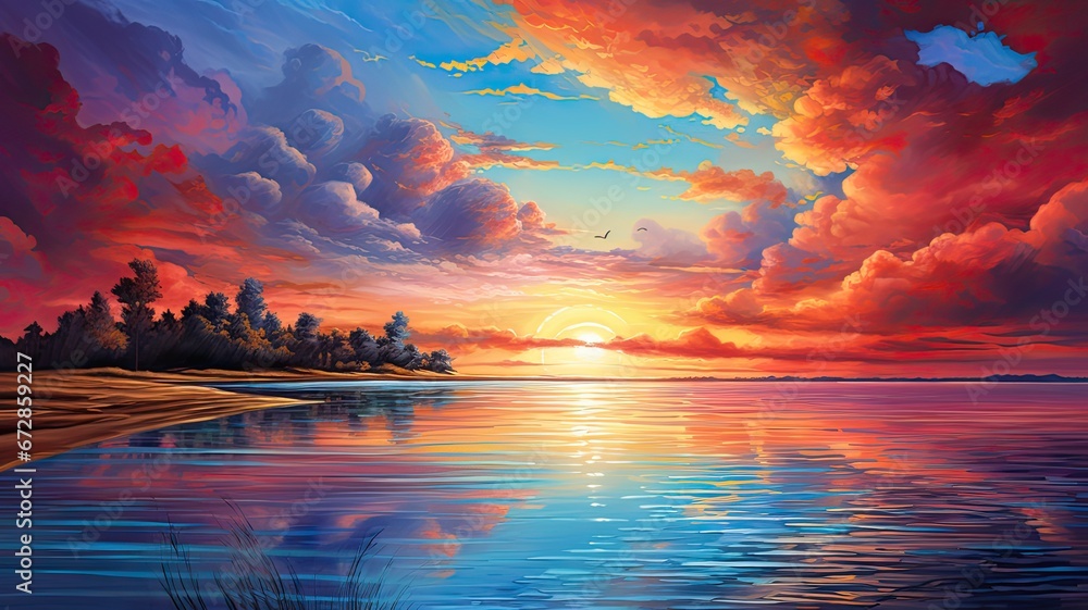 Visualize a vibrant coastal sunset scene where the sky transforms into a canvas of colors, reflecting on the water's surface