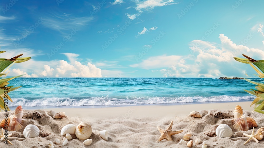 A calm beach setting with seashells, palm trees, and a tranquil atmosphere, symbolizing the beauty of tranquil beaches A calm beach setting with seashells, palm trees, and a tranquil atmosphere, symbolizing the beauty of tranquil beaches