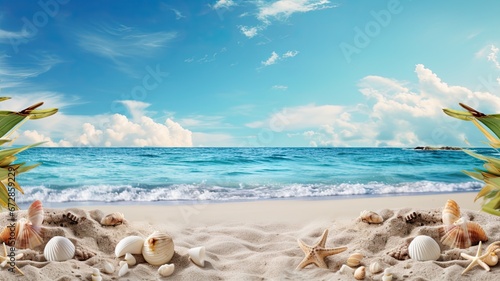 A calm beach setting with seashells, palm trees, and a tranquil atmosphere, symbolizing the beauty of tranquil beaches