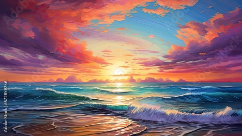 Visualize a vibrant coastal sunset scene where the sky transforms into a canvas of colors, reflecting on the water's surface