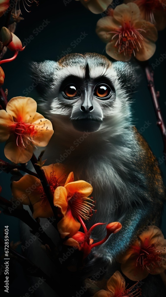 Fototapeta premium Beautiful Wild Animal Portrait in a Zoo and Flowers 