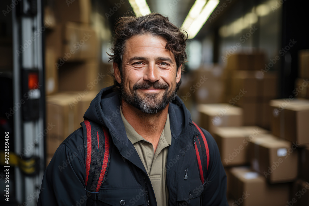 Portrait of a smiling logistician working in a warehouse full of boxes and packages