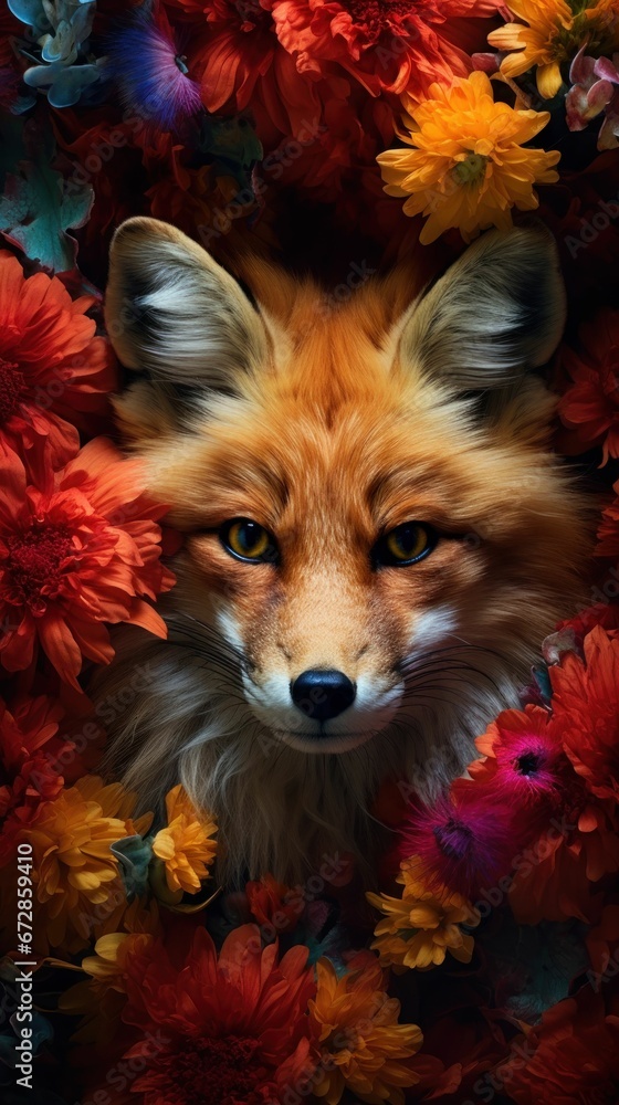 Fox portrait and flowers Fox portrait and flowers
