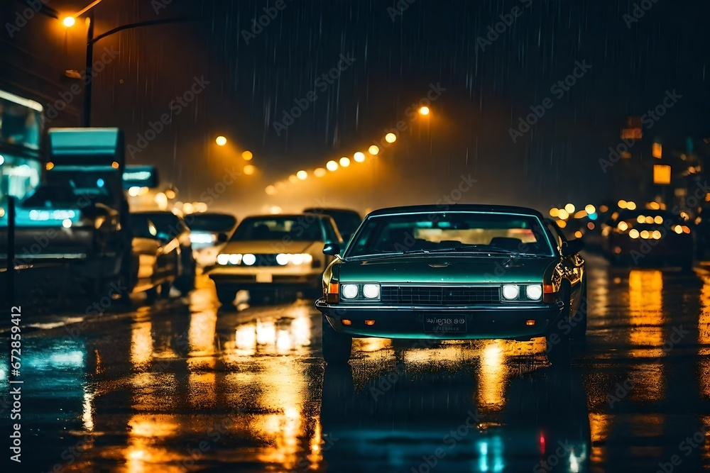 night city life through windshield: cars, lights and rain, vintage style photography