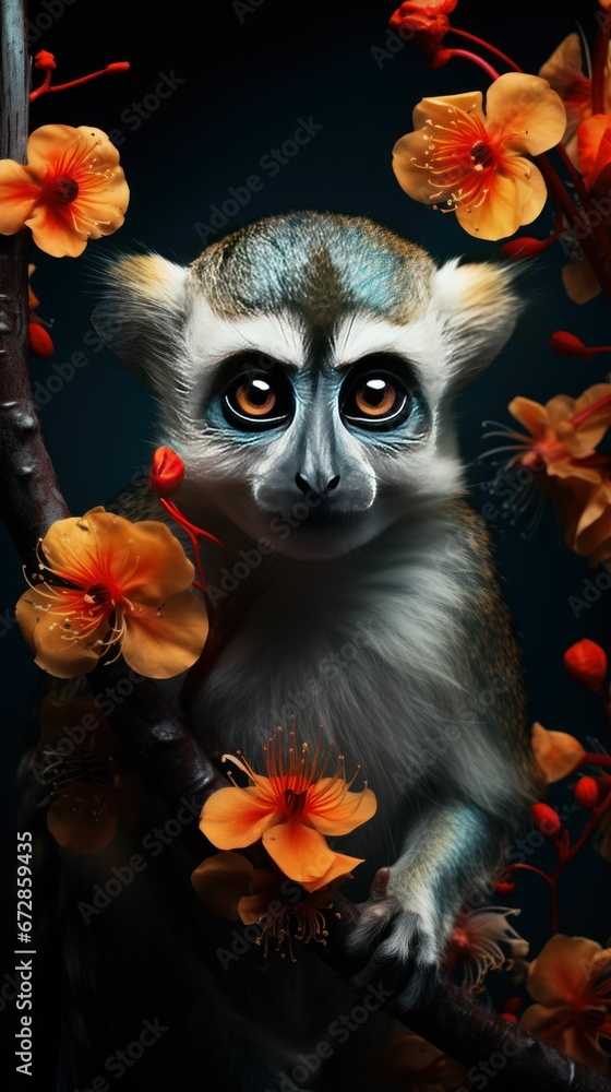 Fototapeta premium Beautiful Wild Animal Portrait in a Zoo and Flowers 