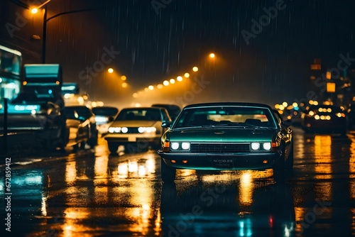 night city life through windshield: cars, lights and rain, vintage style photography © Amazing-World