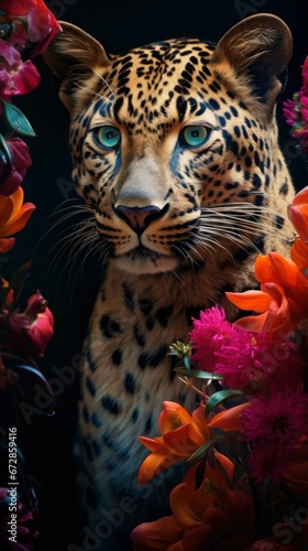 Beautiful Wild Animal Portrait in a Zoo and Flowers 