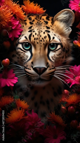 Beautiful Wild Animal Portrait in a Zoo and Flowers 