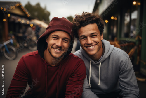 Two men's joyful expressions shine through the chilly winter air as they pose confidently on their bicycles, exuding a sense of camaraderie and adventure on the bustling street