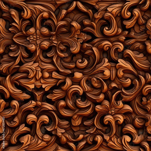 3D wood carving pattern tile incorporating classic Victorian and modern floral styles in a luxurious brown color, perfect for printing and sublimation applications.