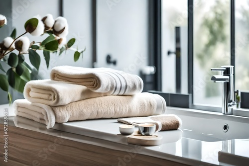 Cotton towels of neutral colour lie on a table in a modern bathroom. The with eucalyptus branches stands next to them.