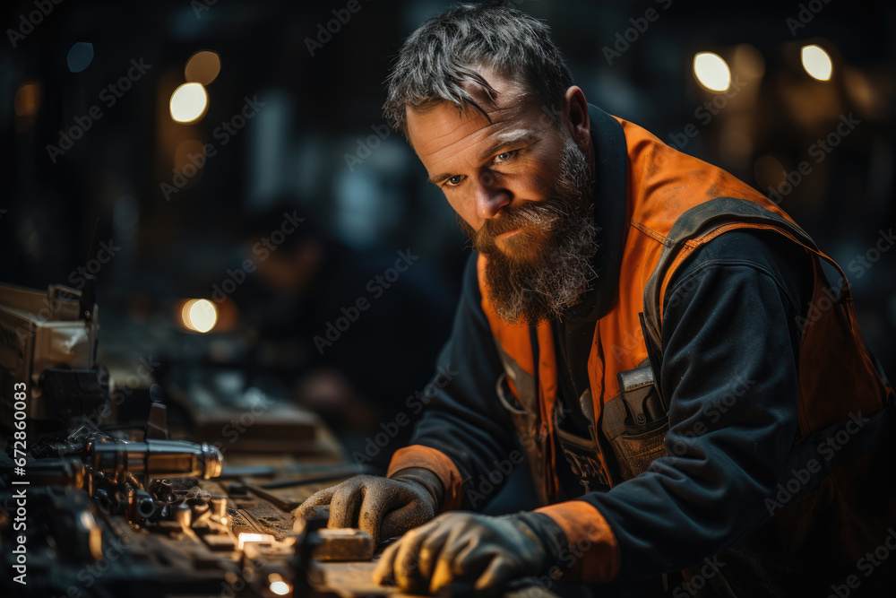 A skilled worker donning an orange vest carefully operates a complex machine indoors, his determined expression reflecting his dedication to his craft